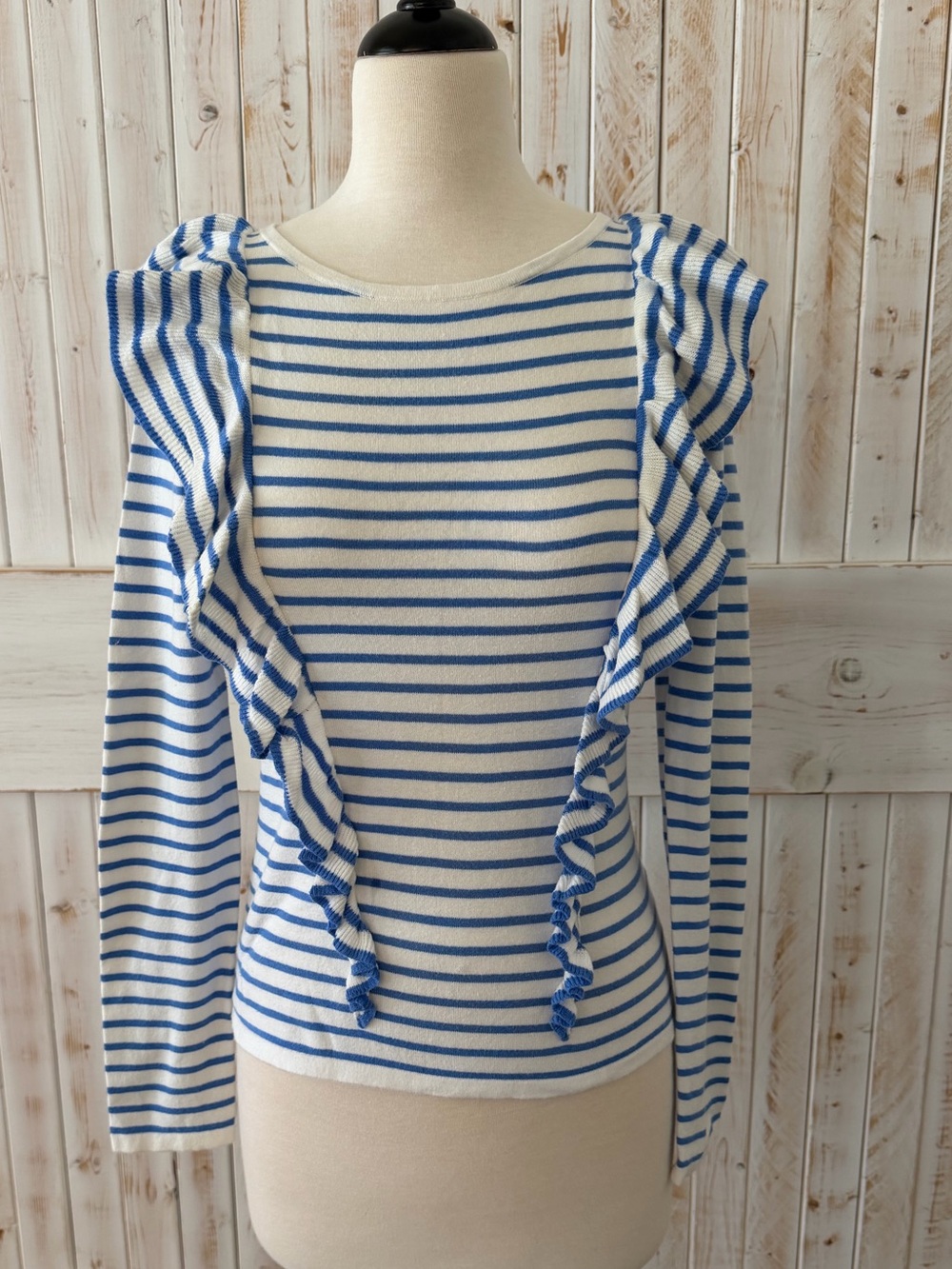 Lilly Pulitzer Blue & White Striped Ruffle-Trim Long Sleeve Top